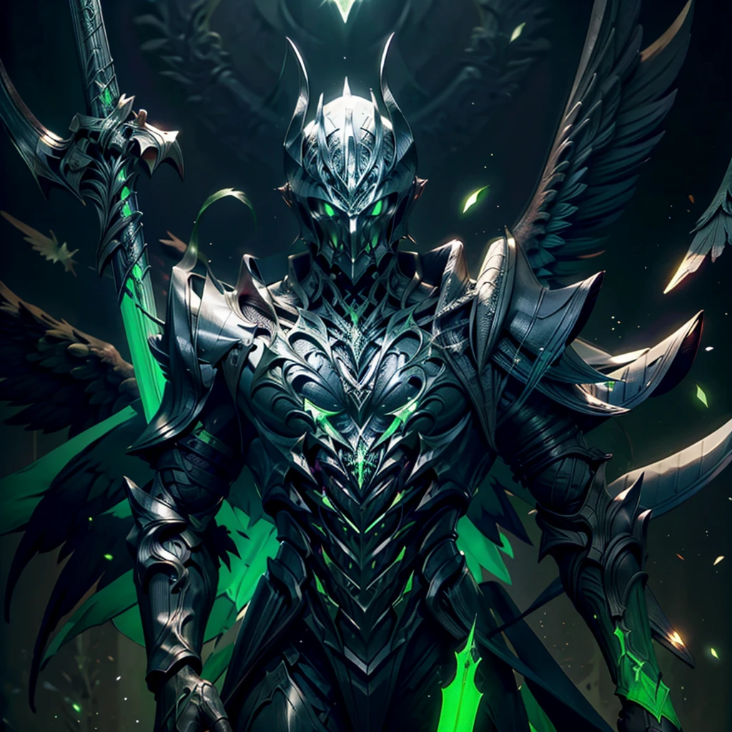 Best quality, highly detailed, dark knight, green aura, fallen angel, black wings, green blade, evoking the presense of a final boss, dark theme, dark souls theme