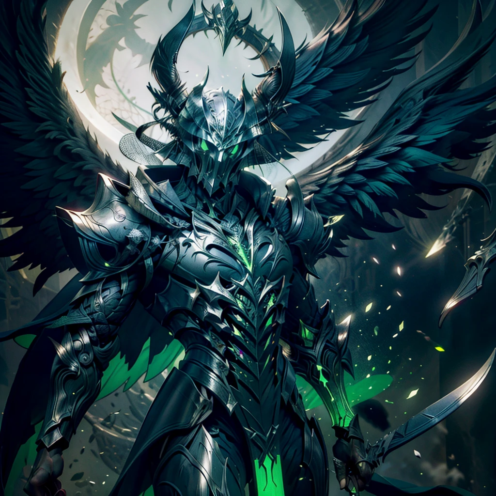 Best quality, highly detailed, dark knight, green aura, fallen angel, black wings, green blade, evoking the presense of a final boss, dark theme, dark souls theme