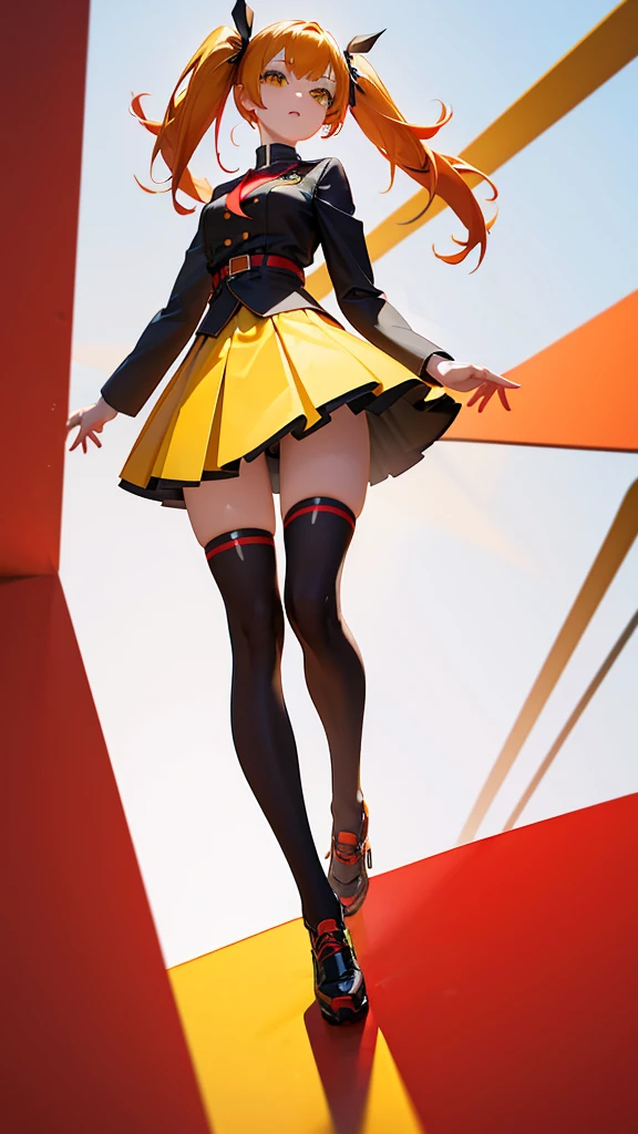 girl in a short skirt in knee-length stockings, red-yellow hair,Twin Tail, full height, 3D wallpaper.