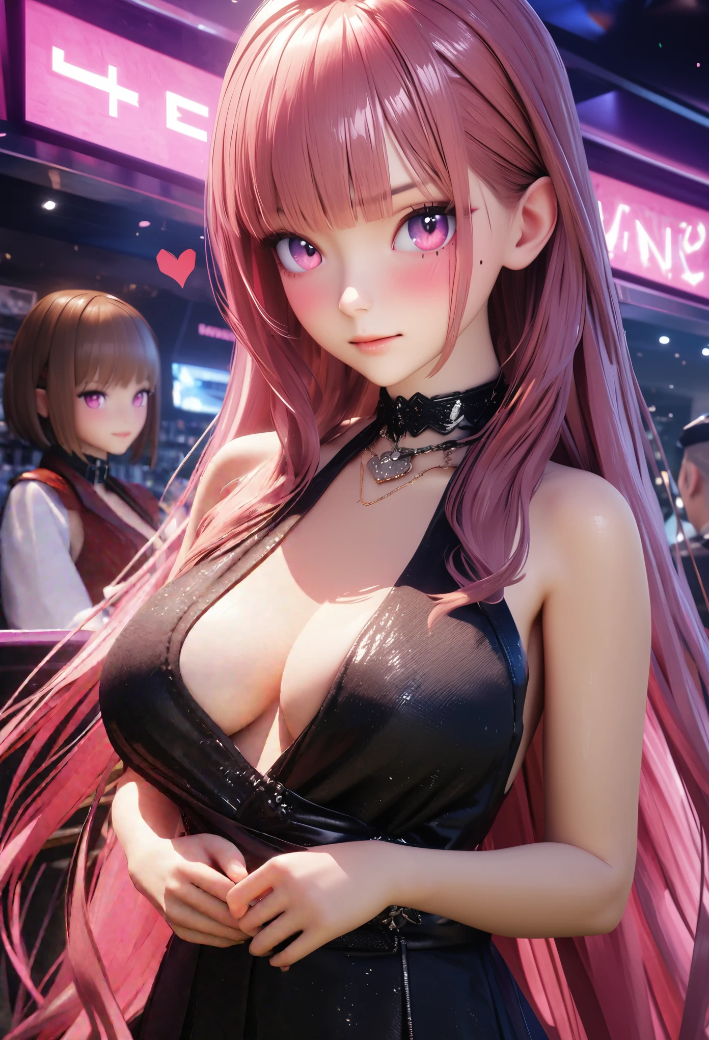 masterpiece, best quality, very detailed, high resolution, expensive resolution, high resolution, 4K, 8k, Unity 8k wallpaper, highly detailed CG, masterpiece, 2D, 3D, beautiful details, depth, fine texture, best quality: 1.3, perfectly focused, crispy skin, he,
Very cute anime girl, two girls who are employees of a night bar, sexy dress, big breasts, expensive pink medium long hair and brown short hair, two girls, night bar, mole under eye, looking at the viewer, expensive, blush, mole, lips parted,, heart, pink eyes, choker