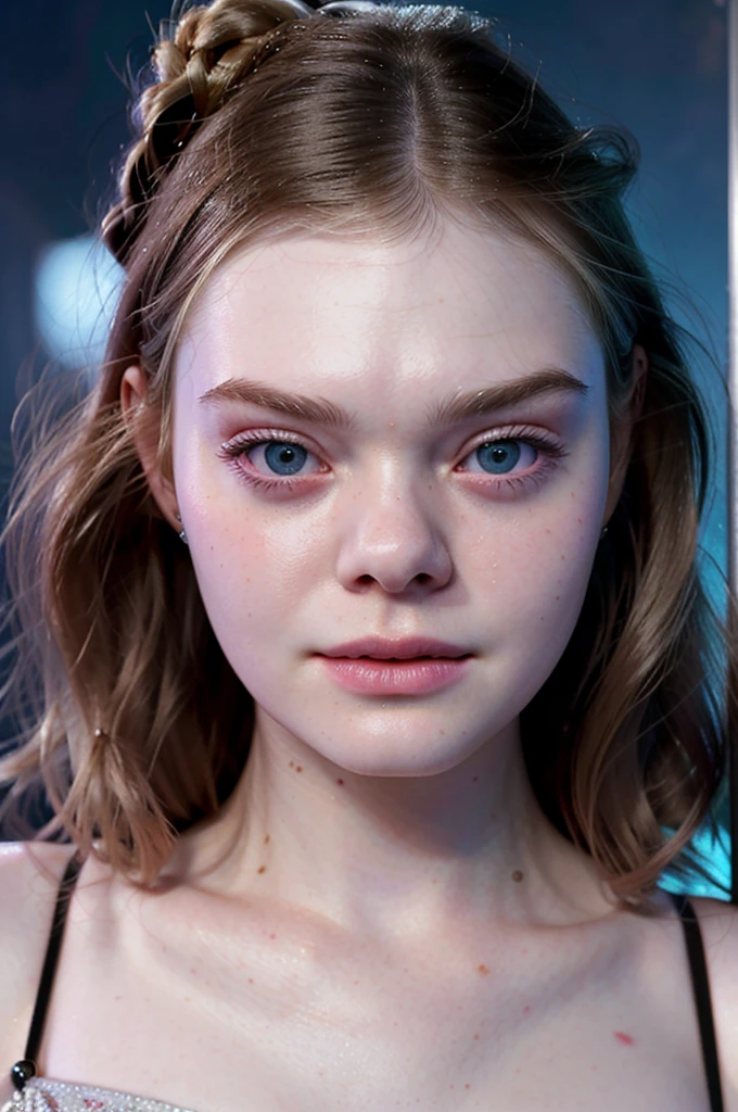 Side portret of elle fanning. Dark background, bright light up front, detailed face, face tilted to the left