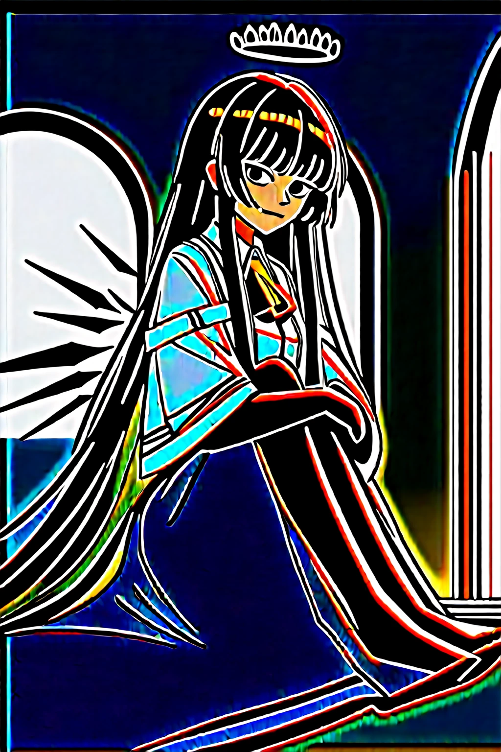 (score_9, score_8_up, score_7_up), 1girl, VirtuosaBase, black eyes, long hair, hime cut, broken halo, black ascot, white shirt, capelet, black sleeves, black gloves, belt, black skirt, energy wings, looking at viewer, small breasts, calm, closed mouth, sitting, hugging own legs, ground level, medieval city hallway, medieval market around, leaning against wall