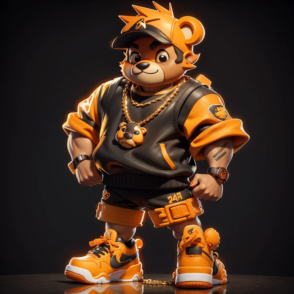 1teddy bear, Black and orange outfit, energy monster, wearing braces, street standing, wearing gold chain necklace, air jordan shoes.