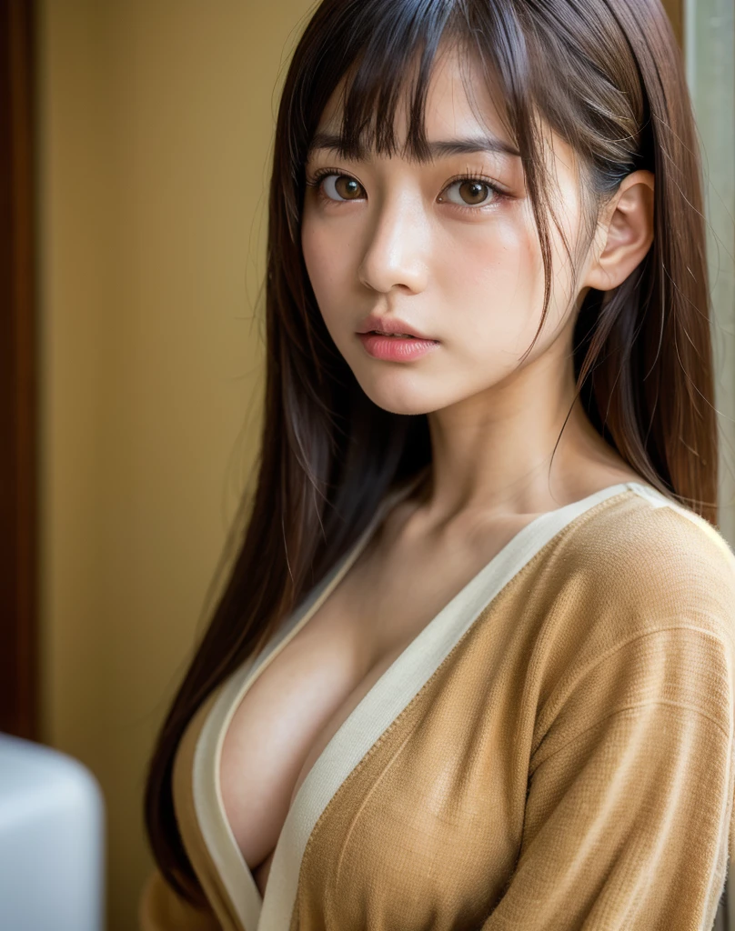 best quality, Face Focus, Soft Light, Ultra-high resolution, (Reality:1.4), RAW photos,
1japanese girl, Solitary, Lovely, (pupil, Light in Eyes),  Detailed beautiful face, (Small chest),(High-resolution details of human skin texture),
(Long hair),
indoor,
Brocade shirt dress,
(portrait)