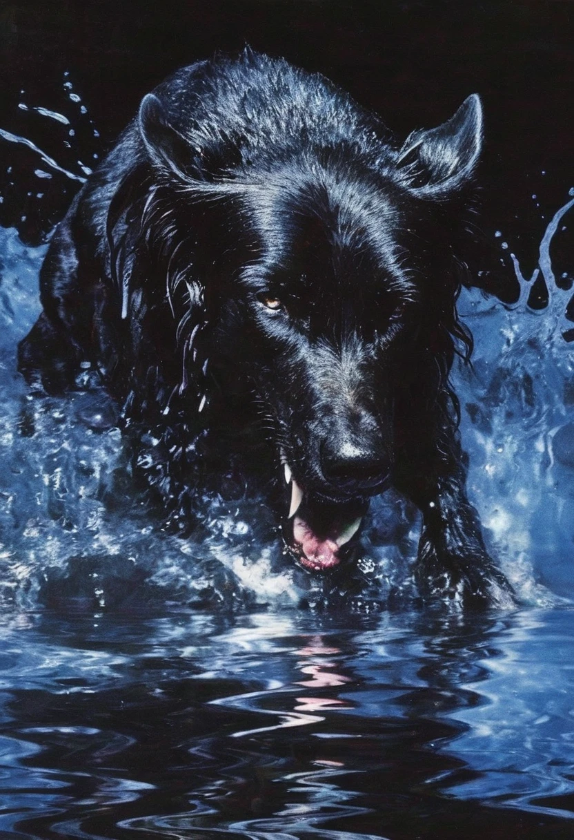 giant angry black dog in water at night, blue background