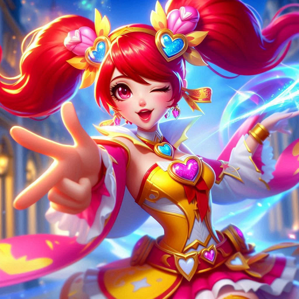 A girl in a village, blue aura from her hand attached to a yoyo