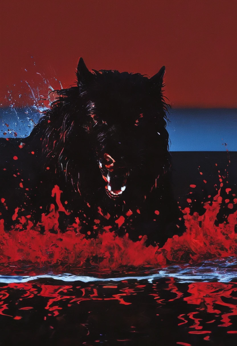 giant angry black dog in water at night, red background