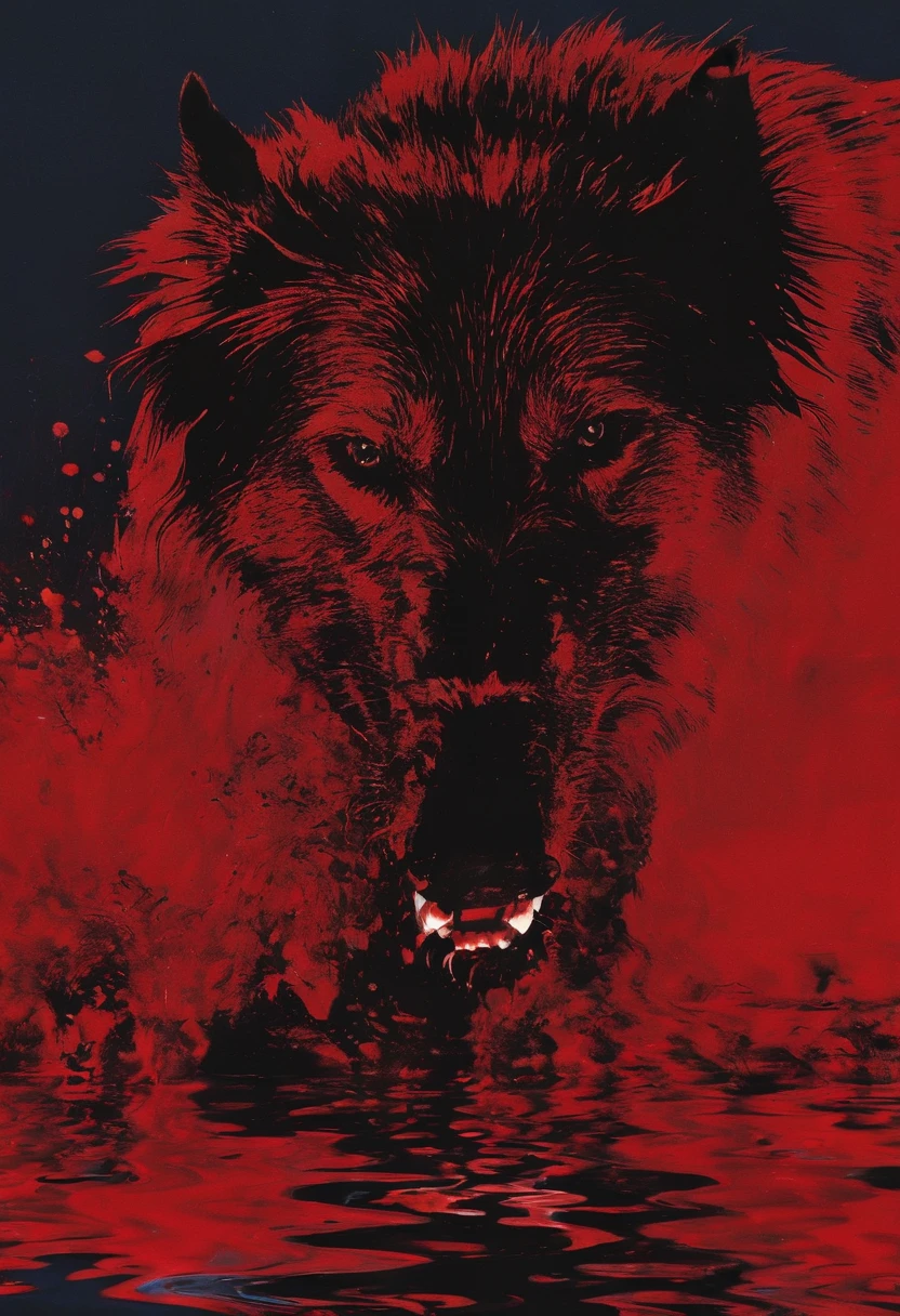 giant angry black dog in water at night, red background