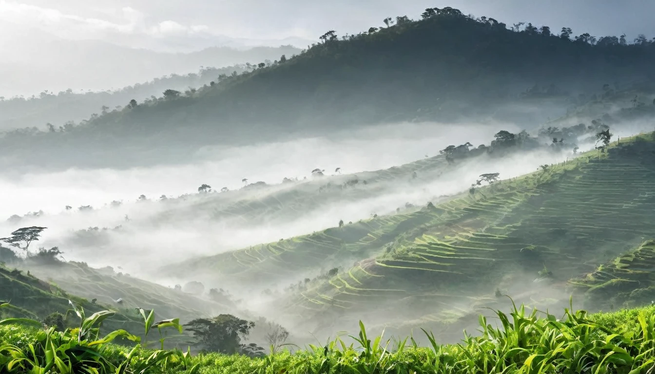 Create a digital artwork of dense, misty hills of Nagaland with faintly visible tiger pugmarks featuring five claws. The scene should evoke a sense of mystery and natural beauty, with lush, mist-covered hills stretching into the distance. The tiger pugmarks should be subtly visible on a dirt path or muddy ground, with the five claws clearly distinguishable, hinting at the presence of the elusive creature. Surrounding elements like thick foliage, towering trees, and a soft, diffused light filtering through the mist should enhance the atmosphere of the Nagaland hills