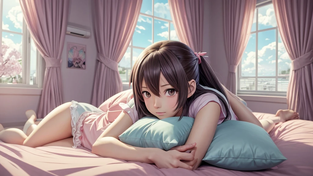 anime girl laying on bed with head on pillow in front of window, 4 k manga wallpaper, anime art wallpaper 8 k, 4k anime wallpaper, anime art wallpaper 4 k, anime art wallpaper 4k, anime style 4 k, anime background, anime background art, makoto shinkai cyril rolando, anime wallpaper 4k, anime wallpaper 4 k