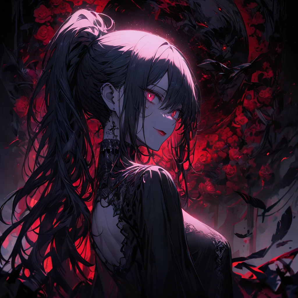 (dark atmosphere,gothic fashion,bright colors),(best quality,Super exquisite,),Sexy goth Vampire girl,In the rose garden at night,Beautiful and delicate eyes,Straight black ponytail with blue tips,Crow feathers,red lipstick,mysterious smile,Pale complexion,black dress,The moonlight illuminates her elegant silhouette,Soft shadows and soft highlights,Contrasting colors create a vibrant atmosphere,dark and moody color palette,Subtle yet dramatic lighting effects,Sublime darkness intertwined with exquisite moonlight, She's tall and mature, red tone, beautiful pretty face, long hair
