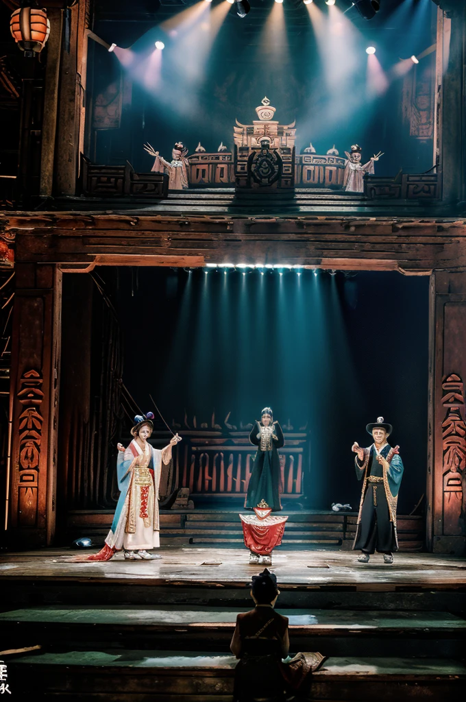 Background: In an old, dilapidated, and small temple fair, on an old, dilapidated, and small stage, the stage scene is very small. Two people in Peking Opera costumes are performing. Many people are watching below the stage. The characters are clear, the light is dim, and the people below the small stage are all wearing ancient Tang suits.