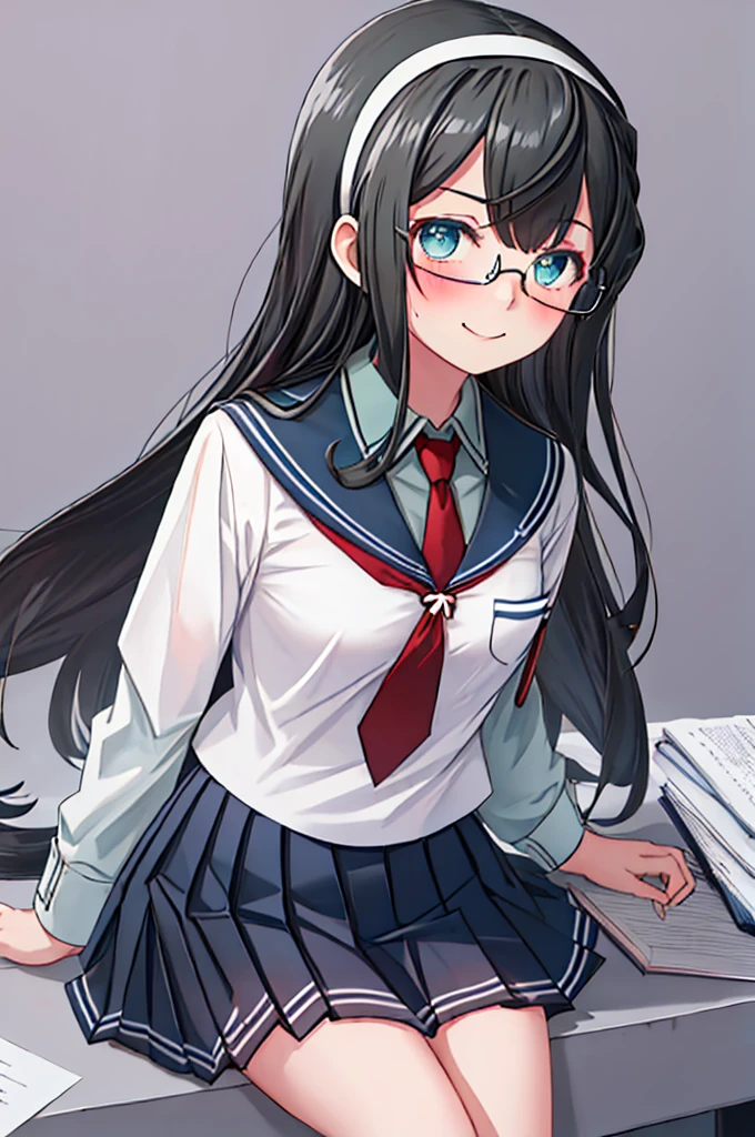 best quality, masterpiece, highres, solo, {ooyodo_kantaicollection:1.15}, black_hair, long_hair, glasses, hairband, semi-rimless_eyewear, under-rim_eyewear, blue_eyes, green_eyes, blush,small_breasts, 1girl, school_uniform, serafuku, pleats_skirt, looking_at_viewer, necktie, harbor_school_background, red_necktie,angry,smile,Proudly