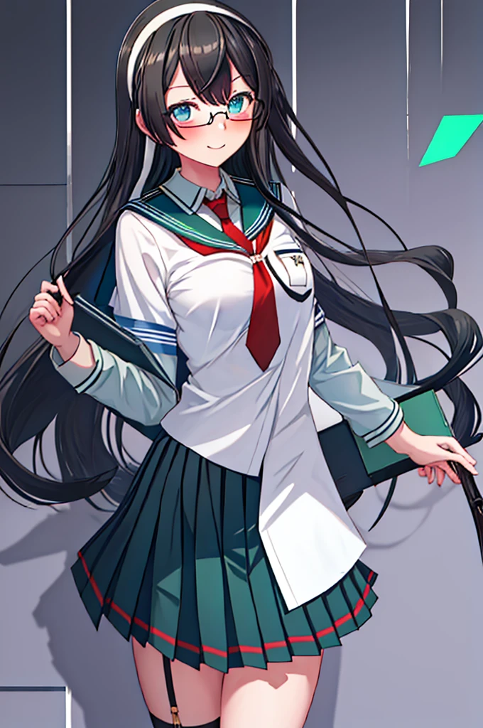 best quality, masterpiece, highres, solo, {ooyodo_kantaicollection:1.15}, black_hair, long_hair, glasses, hairband, semi-rimless_eyewear, under-rim_eyewear, blue_eyes, green_eyes, blush,small_breasts, 1girl, school_uniform, serafuku, pleats_skirt, looking_at_viewer, necktie, harbor_school_background, red_necktie,angry,smile,Proudly