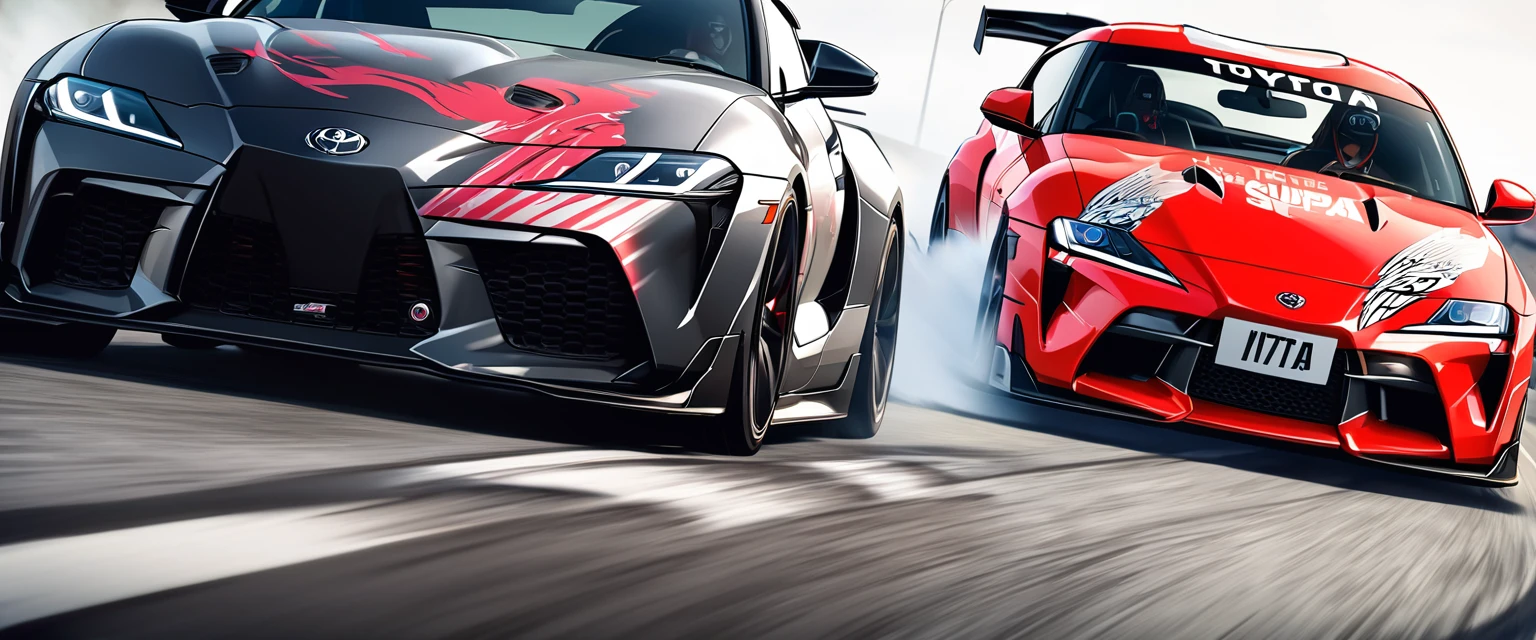 Two sports cars、race、Dead Heat、TOYOTA SUPRA & nissan GTR、((The hood has an anime girl printed on it))、((Car wrapping))、drift、battle、Dead Heat、Passage、Winding Road、Speed