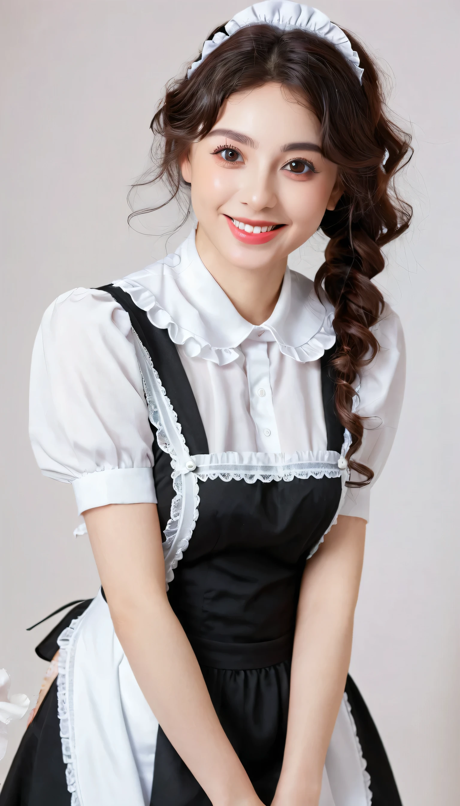 ((Beautiful maid:1.5),high resolution, Top quality),Dressed as a maid,Soft hands, Big bright eyes, Dark and Vibrant Curls, sweet smile, Red face, Soft Light, Pure white background.