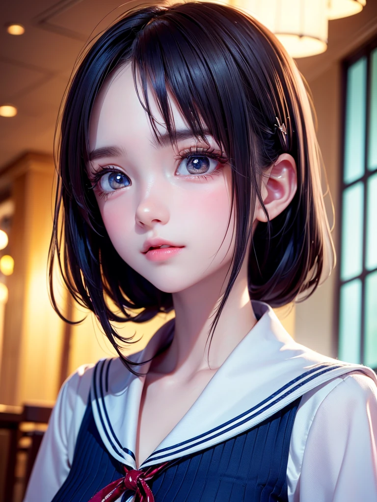 One Girl,(1人のとてもcute女の子:1.3),masterpiece,Highest quality,High resolution,Photorealistic,RAW Photos,Ray Tracing,beautiful girl,(15 years old:1.3),cute,Big eyes,(detailed pupils:1.2),(The face is facing straight ahead:1.3),Body facing forward,Beautiful nose,Fuller lips,Short black hair,ponytail,short hair,Detailed eyelashes,Thin eyebrows,Very fine grain definition,(Symmetrical eyes:1.3),(Face close-up,Face Focus:1.0),Small breasts,White and navy blue sailor suit,uniform,The background is the sea,Portrait,View Viewer,From below,Cinema Lighting,High resolution,Very detailed