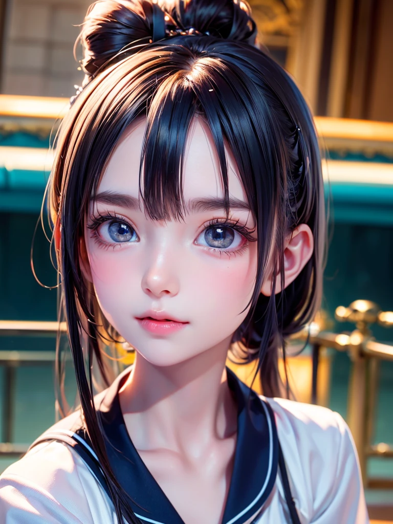 One Girl，(1人のとてもcute女の子:1.3)，masterpiece，Highest quality，High resolution，Photorealistic，RAW Photos，Ray Tracing，beautiful girl，(15 years old:1.3)，cute，Big eyes，(detailed pupils:1.2)，(The face is facing straight ahead:1.3)，Body facing forward，Beautiful nose，Fuller lips，Short black hair，ponytail，short hair，Detailed eyelashes，Thin eyebrows，Very fine grain definition，(Symmetrical eyes:1.3)，(Face close-up，Face Focus:1.0)，Small breasts，White and navy blue sailor suit，uniform，The background is the sea，Portrait，View Viewer，From below，Cinema Lighting，High resolution，Very detailed