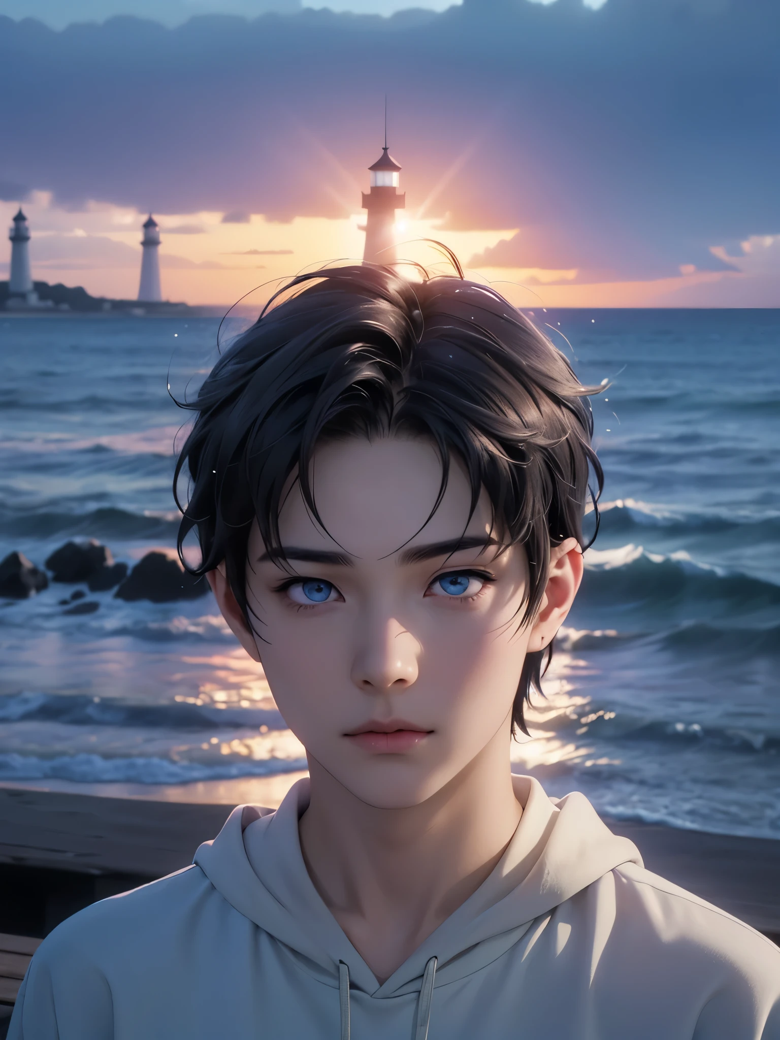 photorealistic, masterpiece, 8K, HD, portrait, closing up on face, intricate details, soft lighting, absurdres, realistic anime style, a handsome japanese boy, student, , cute, gentle, wistful gaze, melancholic, timid, detailed face, ocean blue eyes, dark eyes, balanced eyes, detailed eyes, looking at the sky, looking up, wearing hoodie and shirt, casual wear, fair skin, pale skin, slim, black hair, smooth hair, wavy hair, outdoors, dock, sea, lighthouse, dawn, stars, constellation, cosmical, dreamy world, surrealism, ethereal