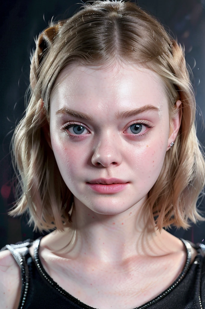 Side portret of elle fanning. Dark background, bright light up front, detailed face, face tilted to the left, showing her right cheek