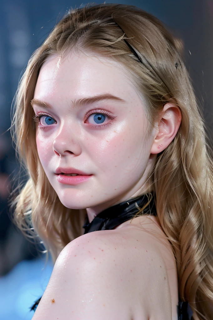 Side portret of elle fanning. Dark background, bright light up front, detailed face, face tilted to the left, showing her right cheek