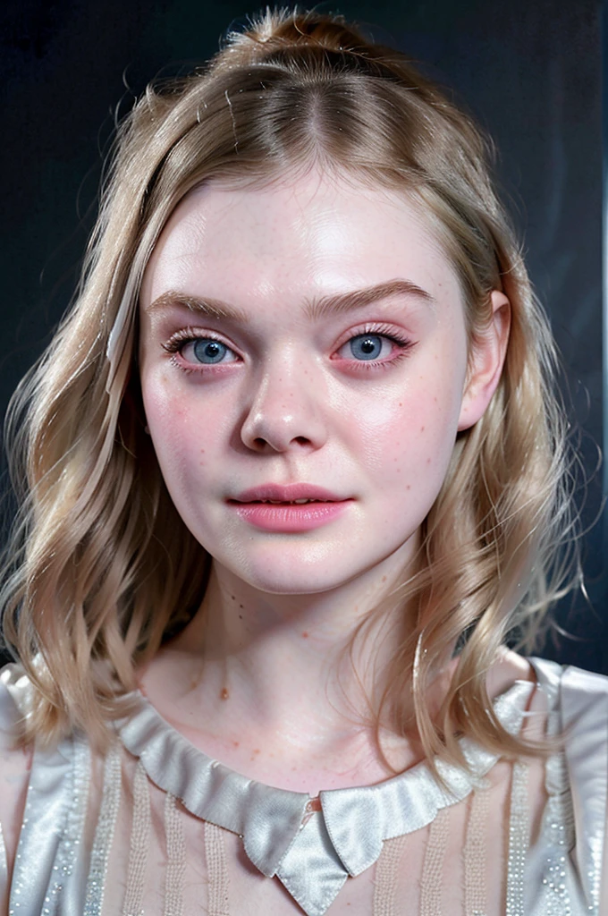 Side portret of elle fanning. Dark background, bright light up front, detailed face, face tilted to the left, showing her right cheek