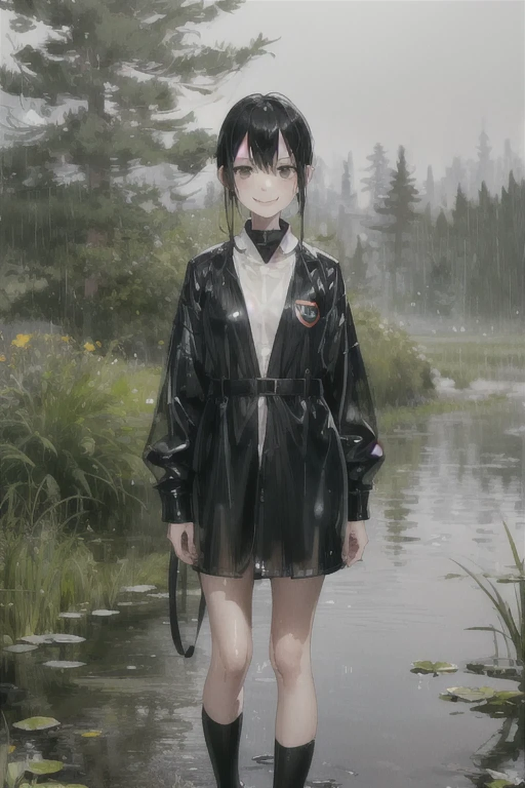 8 year old girl, Solitary, rest， Double tail, Black Hair, Bangs, Long eyelashes, beautiful eyes, full，Yellow and black, c lips, Uniforms，Short skirt，Knee socks, Lando Seru Backpack,(many, Impressionism, painting)、Disheveled、Clothing that fits snugly,Chest contour、(((Wet clothing))(((Ultra-thin clothing))),((Flesh outline)),Grinning