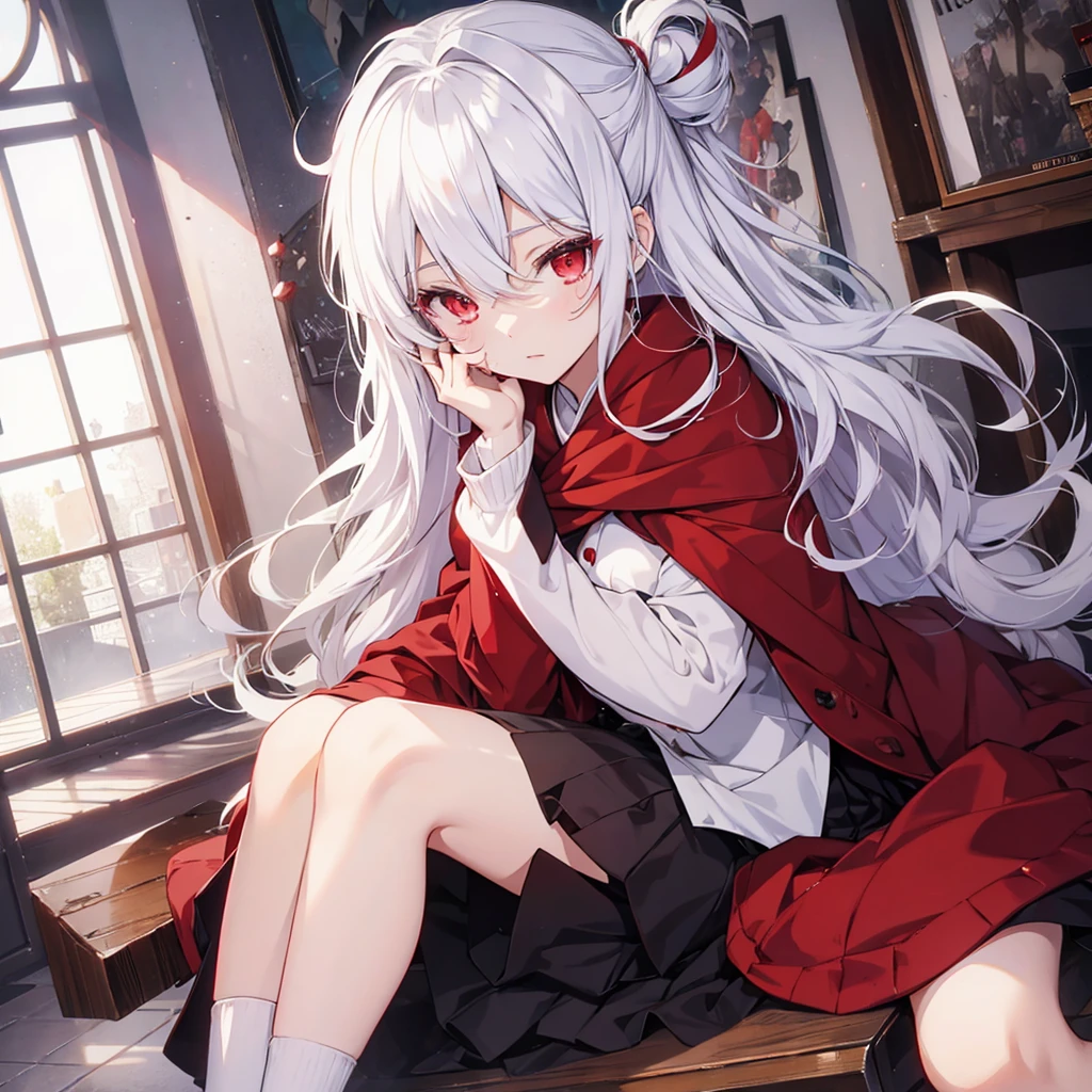 Loli, pale skin, sad face, cry, kneeing pose, very long multicolored hair, knife in hend, mantle, bare feet, dark forest, red flowers, focus on body, rainy weather, blood everywhere 