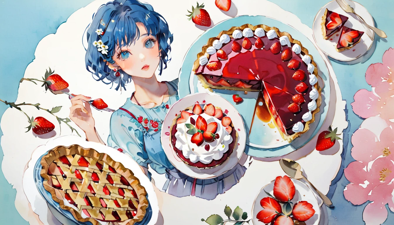(((paper cutting style))), 1 girl, blue hair, curry short hair, portfolio, shirts, denim, strawberry pie,Rose,