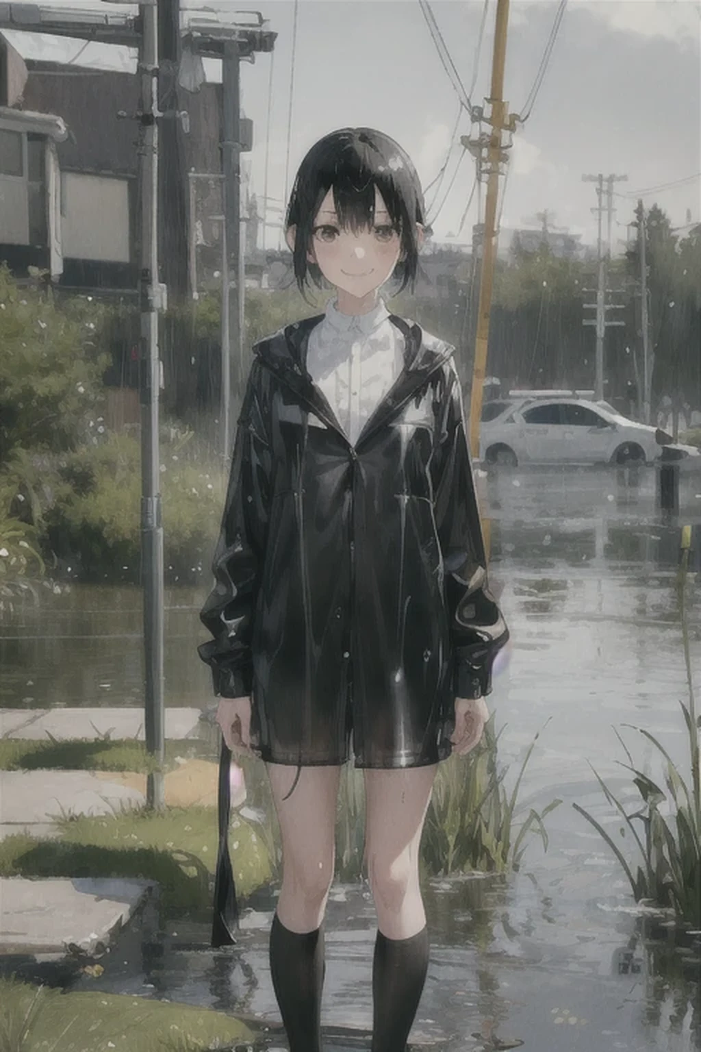 8 year old girl, Solitary, rest, Double tail, Black Hair, Bangs, Long eyelashes, beautiful eyes, full,Yellow and black, c lips, Uniforms,Short skirt,Knee socks, Lando Seru Backpack,(many, Impressionism, painting)、Disheveled、Clothing that fits snugly,Chest contour、(((Wet clothing))(((Ultra-thin clothing))),((Flesh outline)),Grinning
