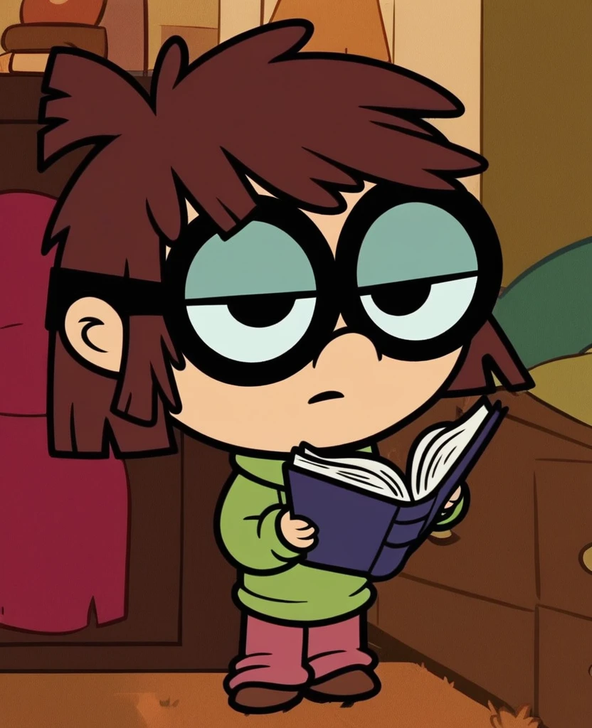 lisaloud, 1girl, solo, green sweater, pink pants, brown footwear, glasses, standing in a bedroom, looking at viewer, brown hair, short, reading a book, chibi,, score_9, score_8_up, score_7_up,