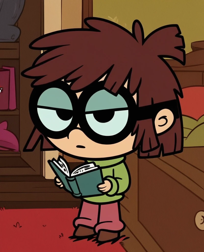 lisaloud, 1girl, solo, green sweater, pink pants, brown footwear, glasses, standing in a bedroom, looking at viewer, brown hair, short, reading a book, chibi,, score_9, score_8_up, score_7_up,