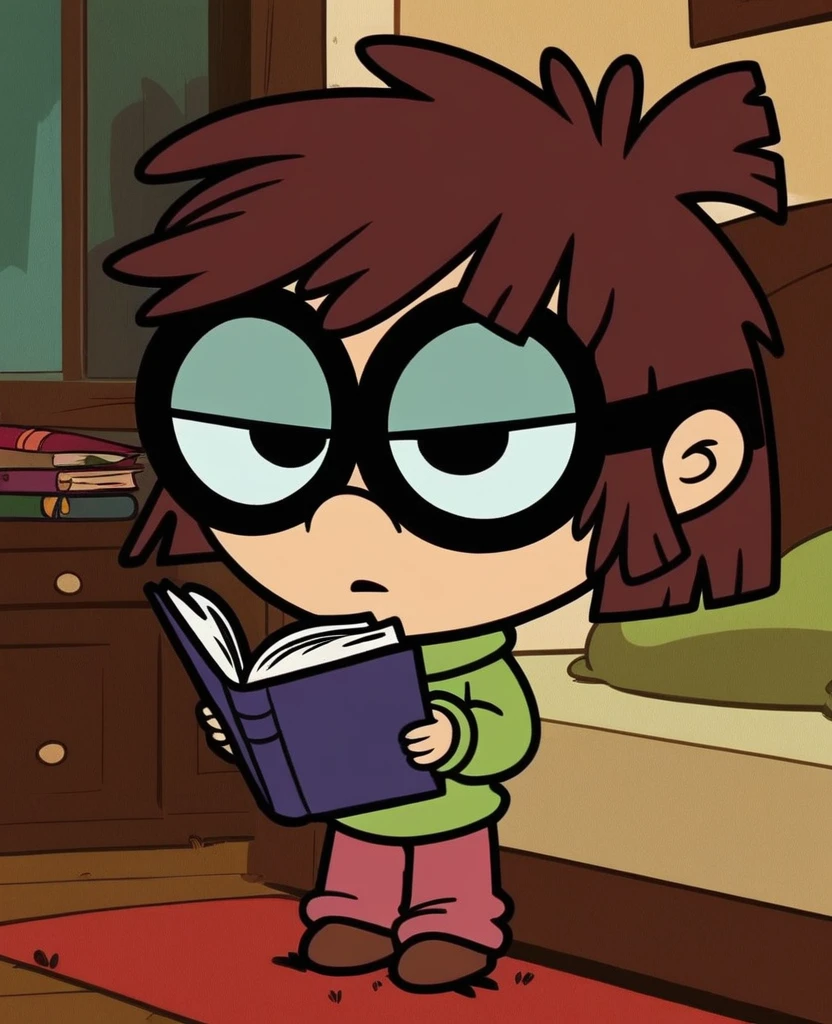 lisaloud, 1girl, solo, green sweater, pink pants, brown footwear,  glasses, standing in a bedroom, looking at viewer, brown hair, short, reading a book, chibi,, score_9, score_8_up, score_7_up,