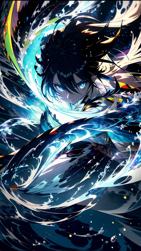 “Show Susanoo no Mikoto, the Japanese storm god, in a dynamic pose with thunder and waves surrounding him.”