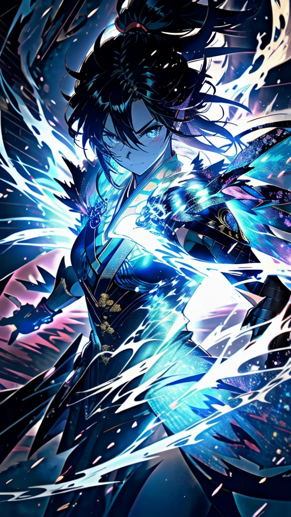 “Show Susanoo no Mikoto, the Japanese storm god, in a dynamic pose with thunder and waves surrounding him.”