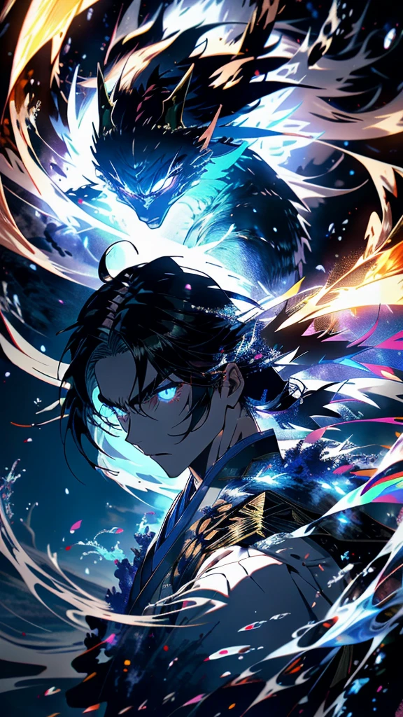 “Show Susanoo no Mikoto, the Japanese storm god, in a dynamic pose with thunder and waves surrounding him.”