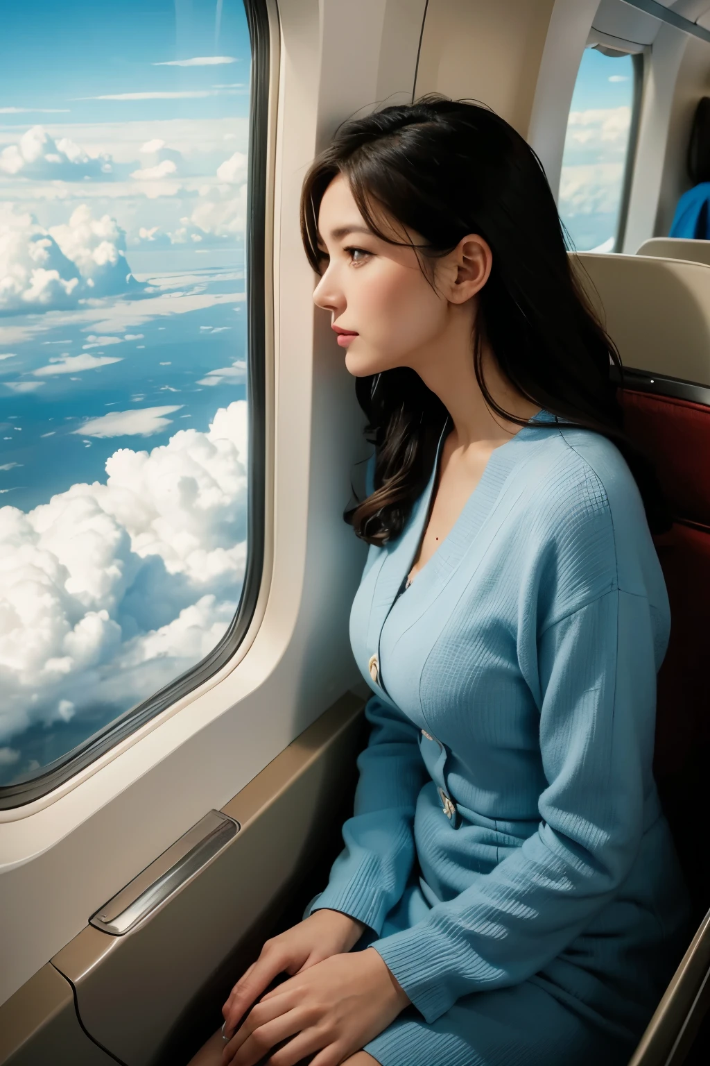 Beautiful woman looking out the window on an airplane, (looking_front), Clouds outside the window,