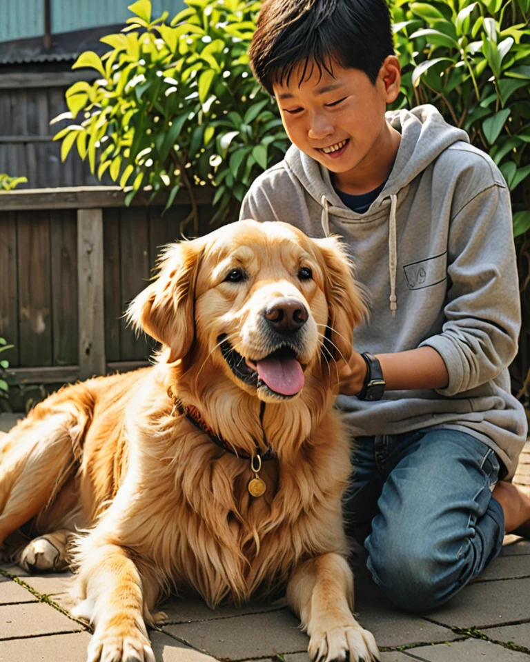 The author plays with his golden retriever Lucky as a boy.。Lucky watches over the author with kindness、The innocent boy&#39;s smile is shining