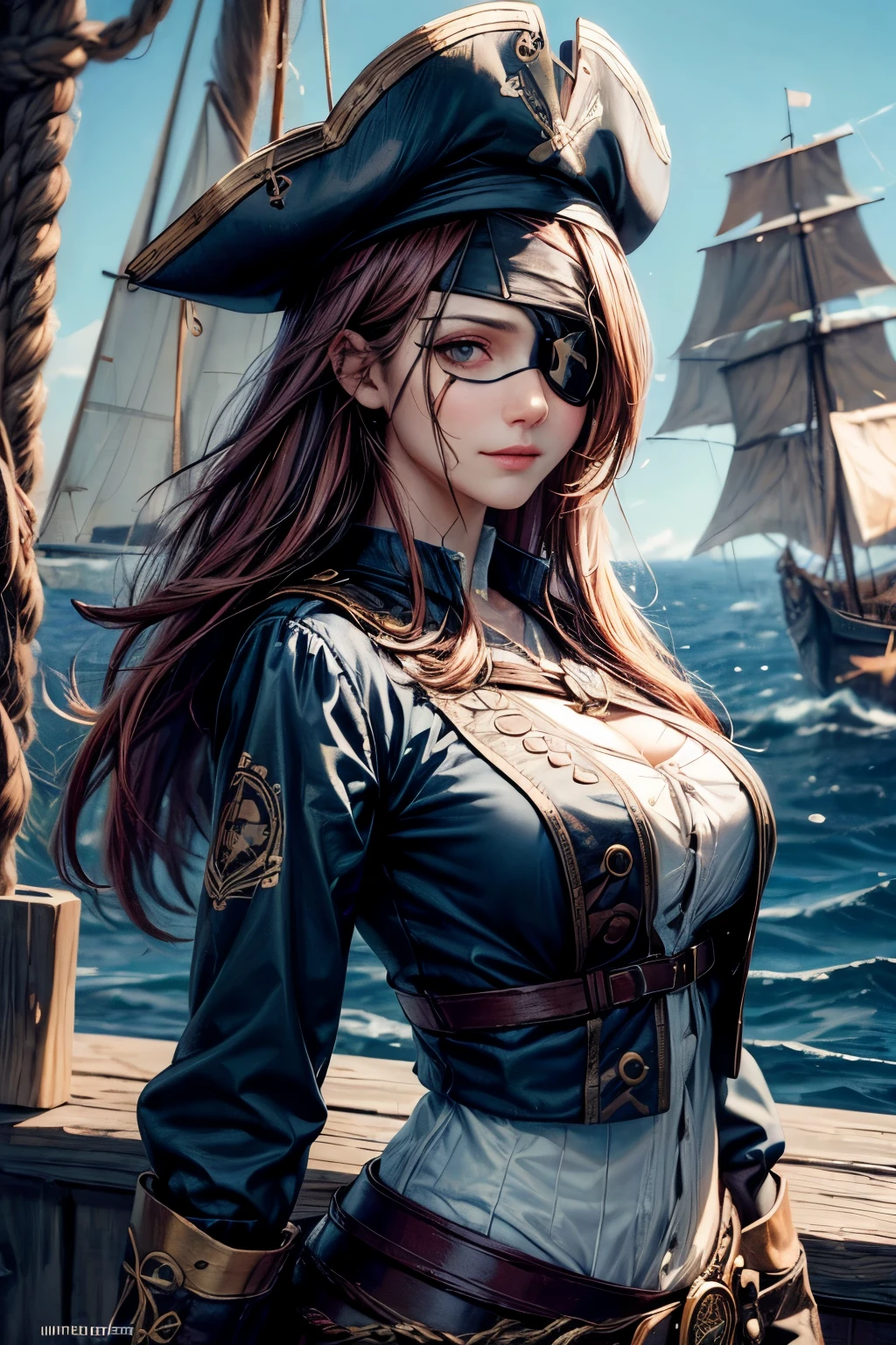 (Ultra-detailed, oil painting style, masterpiece: 1.4), Standing female pirate captain with (eye patch:1.4),
(High resolution: 1.4), (Masterpiece: 1.4), (Vibrant color palette: 1.2), (Photorealistic, dynamic angle: 1.2),
Pirate captain hat, intricately designed, wooden pistol by her side,
(Detailed face, detailed eyes, detailed skin), pirate scar under the eye, smiling with confidence,
(Best quality, 8k), wooden plank background with ropes and nautical symbols,
(Ultra-detailed surroundings, breasts, giga_busty, full clothee, (button gap:-1), long sleeves shirts