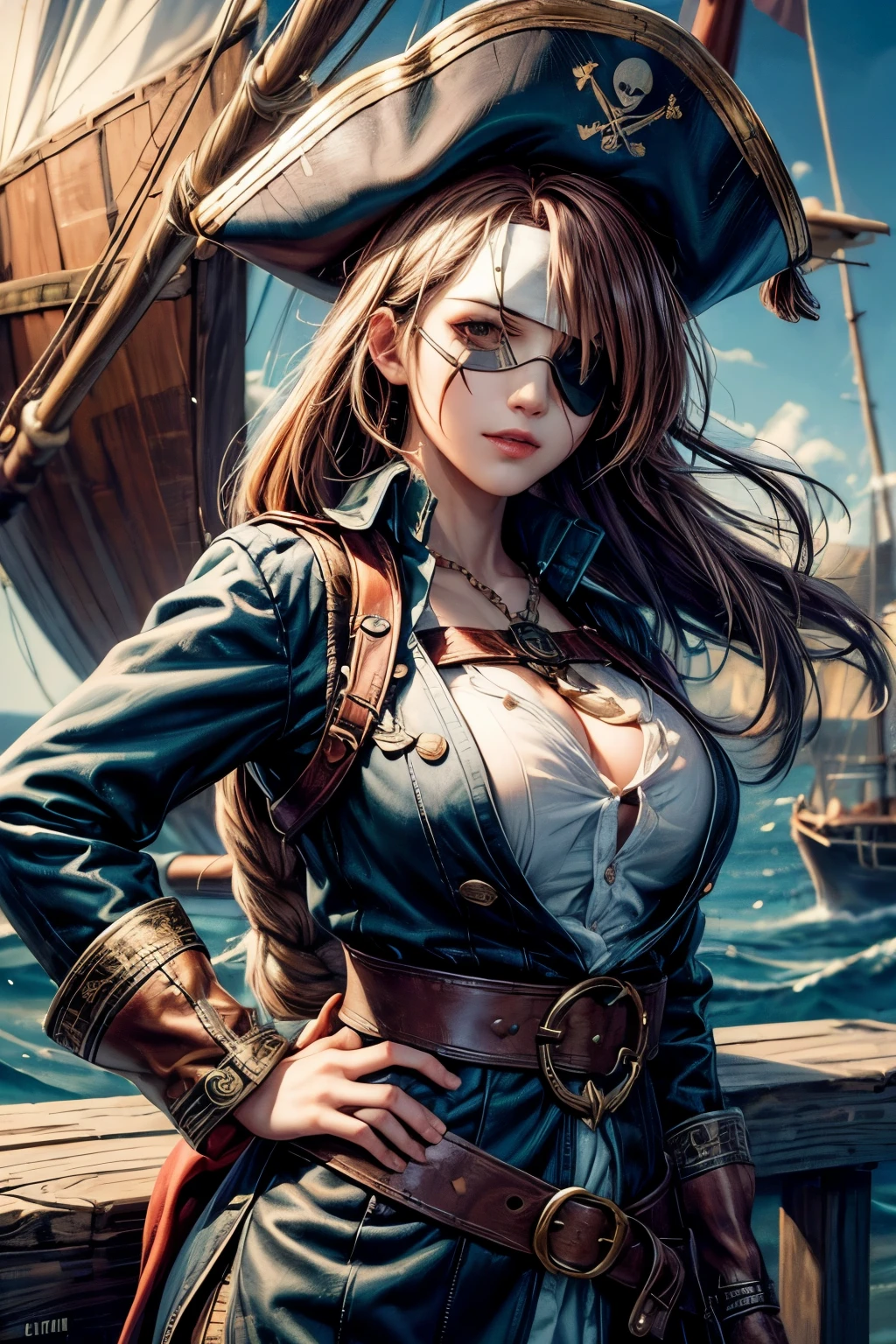 (Ultra-detailed, oil painting style, masterpiece: 1.4), Standing female pirate captain with (eye patch:1.4),
(High resolution: 1.4), (Masterpiece: 1.4), (Vibrant color palette: 1.2), (Photorealistic, dynamic angle: 1.2),
Pirate captain hat, intricately designed, wooden pistol by her side,
(Detailed face, detailed eyes, detailed skin), pirate scar under the eye, smiling with confidence,
(Best quality, 8k), wooden plank background with ropes and nautical symbols,
(Ultra-detailed surroundings, breasts, giga_busty, full clothee, (button gap:-1), long sleeves shirts