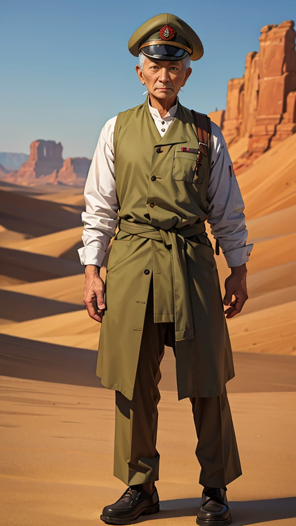 Portrait of a man in his 60s、standing、 soldier、Long body、 、desert background、