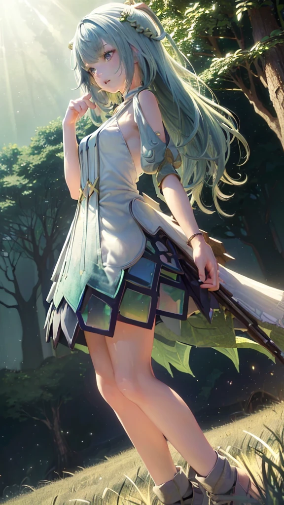 ((((Rural serene, soft lighting)))), 1girl, calm, standing, (((natural armor, leafy crown, leafy shoulders))), [Verdanthia], (green skin, (grass green face,)) natural hair, ((long hair, wavy)), green eyes, ((lively eyes, gentle gaze))), (standing amidst trees), (tree branches at sides), (leaves and vines wrapping around her body), (softly glowing aura), (standing between two trees), (looking down, (wise expression))), ((centered)), (wider shot), (outdoors), (daytime), (sunlight filtering through leaves), ((defined subject)), 25 years old, ((head tilted slightly)), ((wistful smile)), ((wholesome)),((4k resolution)),((high quailty lens)),((lens ISO f4.5)),((effect blurred rim +5)),((Eliminates Chromatic Aberration)),((Enable Canon lens correction)),BREAK,((best graphics model)),((Bright balance and soft ratio)), ((moderate dark balance)),((dark area 30%)),((((contrast 10%)), BREAK,((ratio sun beam 60%)),((Sky light 10%)),BREAK,((of the highest quality, 8K,Raw photo)),Japanese style colors, Soft-beam light, afternoon light,BREAK,((Fixed Finger, Hand))