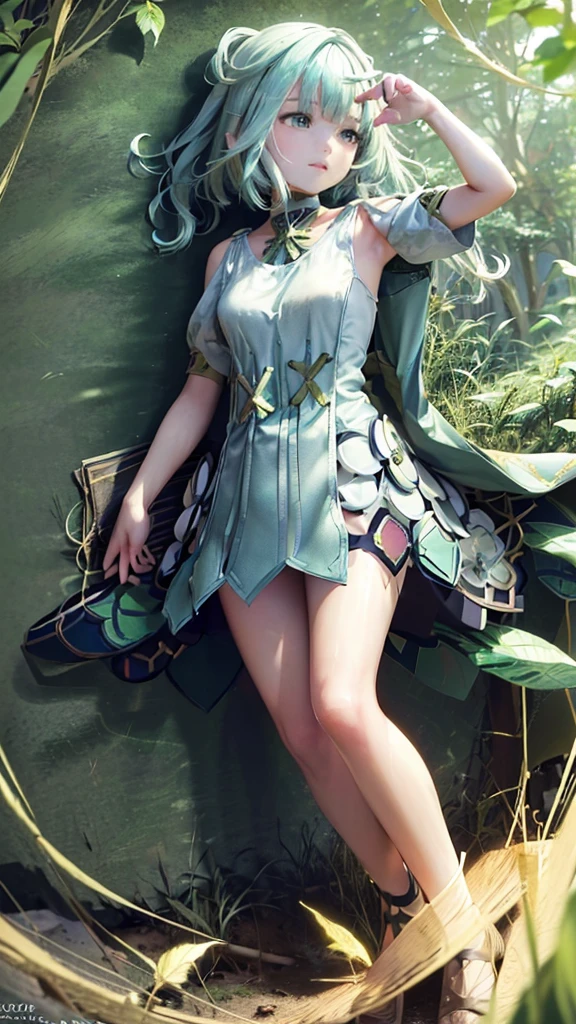 ((((Rural serene, soft lighting)))), 1girl, calm, standing, (((natural armor, leafy crown, leafy shoulders))), [Verdanthia], (green skin, (grass green face,)) natural hair, ((long hair, wavy)), green eyes, ((lively eyes, gentle gaze))), (standing amidst trees), (tree branches at sides), (leaves and vines wrapping around her body), (softly glowing aura), (standing between two trees), (looking down, (wise expression))), ((centered)), (wider shot), (outdoors), (daytime), (sunlight filtering through leaves), ((defined subject)), 25 years old, ((head tilted slightly)), ((wistful smile)), ((wholesome)),((4k resolution)),((high quailty lens)),((lens ISO f4.5)),((effect blurred rim +5)),((Eliminates Chromatic Aberration)),((Enable Canon lens correction)),BREAK,((best graphics model)),((Bright balance and soft ratio)), ((moderate dark balance)),((dark area 30%)),((((contrast 10%)), BREAK,((ratio sun beam 60%)),((Sky light 10%)),BREAK,((of the highest quality, 8K,Raw photo)),Japanese style colors, Soft-beam light, afternoon light,BREAK,((Fixed Finger, Hand))