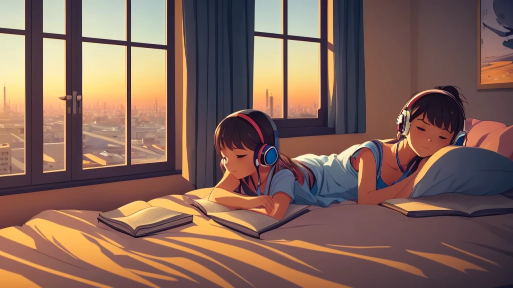 A cute girl reading book, lying on her bed near a window, the whole city is visible from the window, she wears a headphone, a cat is walking, sunset time, warm color, dream anime, fantasy, Lo-Fi, 4k, High-Quality