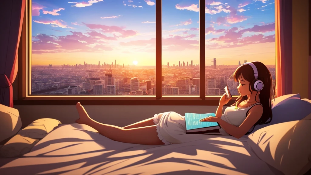 A cute girl reading book, lying on her bed near a window, the whole city is visible from the window, she wears a headphone, a cat is walking, sunset time, warm color, dream anime, fantasy, Lo-Fi, 4k, High-Quality