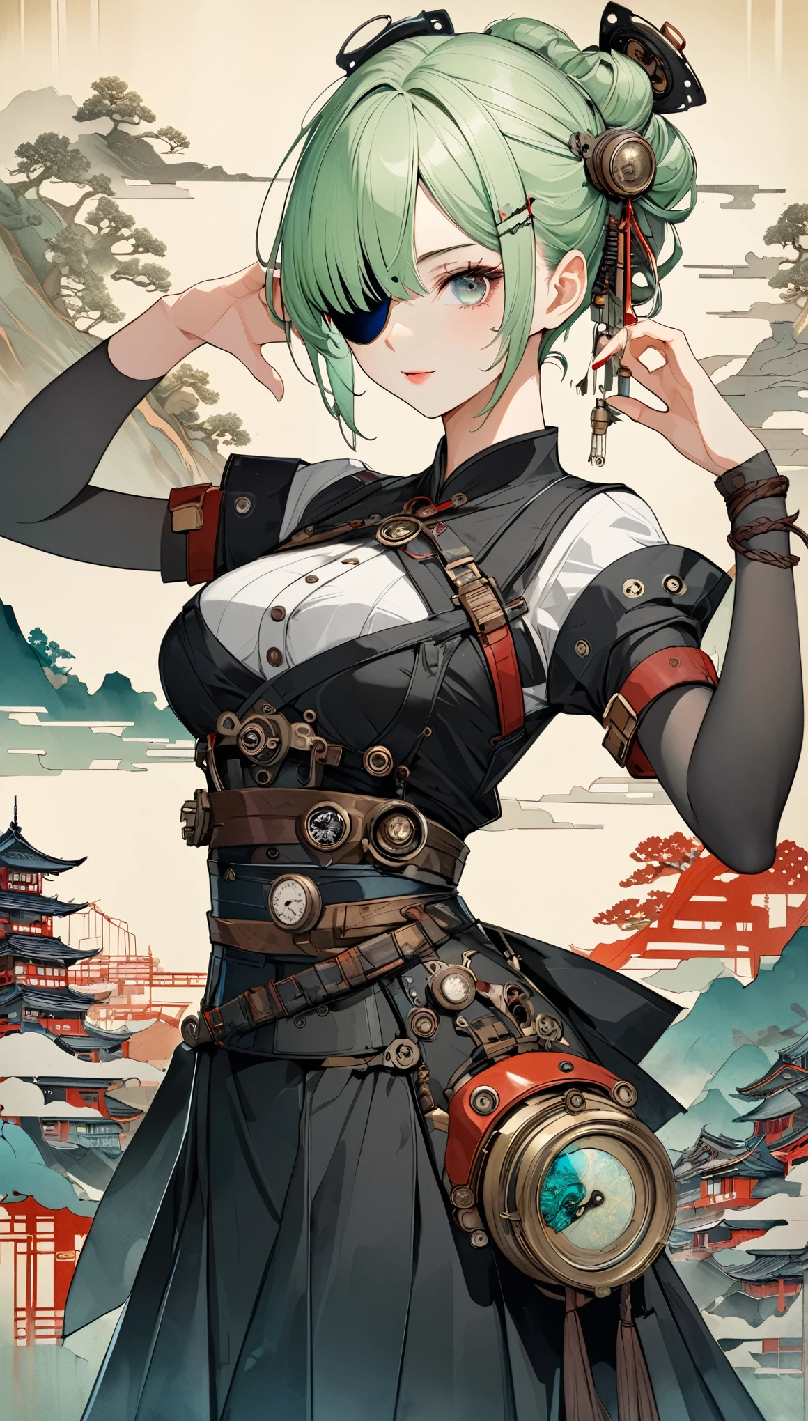 fusion of watercolors and oil paintings, fusion of paper cutting and shadow puppetry, mix of Japanese painting, ukiyo-e and woodblock prints, mix of monochrome and color, best quality, super fine, 16k, incredibly absurdres, extremely detailed, 2.5D, delicate and dynamic, beautiful woman, (eye patch), light green hair tied up, hairpin, accessories, black dress, red line, captivating look, superlative body proportion, charm pose, iridescent, kaleidoscope of stylish cityscapes, combining steampunk, clockpunk, dieselpunk and cyberpunk
