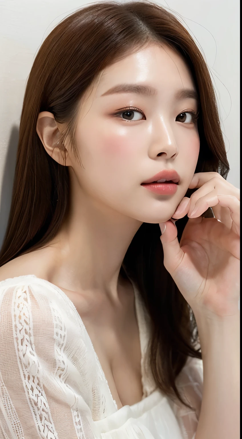 ((top-quality、8K、masterpiece:1.3))、Crisp focus:1.2、Beautiful Women in Perfect Style:1.4、Upright landscape:1.2、full body1.2((brown haired、Model body type:1.2))、Standing leaning against the wall、(White lace shirt:1.1)、White wall background:1.2、short-cut、Highly detailed facial and skin texture、A detailed eye、double eyelid、Beautiful white skin、pure、Put your hands on your cheeks、Close your eyes、The mouth is in the form of a kiss