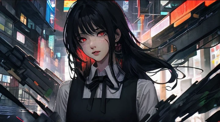 a young woman with long black hair and piercing red eyes. She has a small scar on her cheek and wears a white shirt with a black sleeveless dress over it, adorned with a black bow tie. The background features a neon-lit urban cityscape at night, with colorful signs and buildings. The atmosphere is dark and edgy, with a futuristic feel.