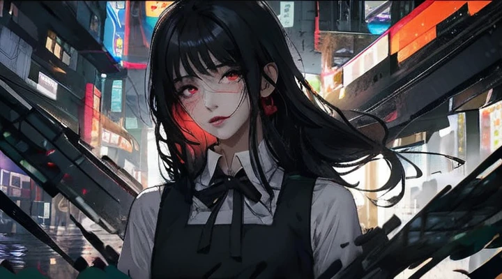 a young woman with long black hair and piercing red eyes. She has a small scar on her cheek and wears a white shirt with a black sleeveless dress over it, adorned with a black bow tie. The background features a neon-lit urban cityscape at night, with colorful signs and buildings. The atmosphere is dark and edgy, with a futuristic feel.