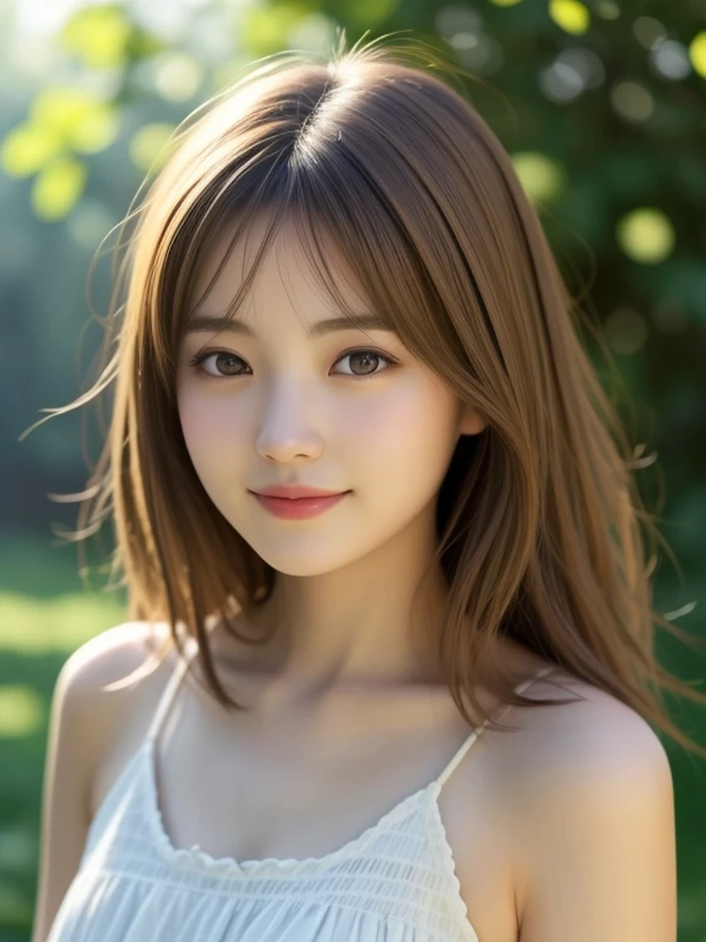 1 Japanese girl, (looking away:1.4), (upper body shot:1.2), Beautifully detailed eyeballs, Realistic digital painting of a woman portrait, Shy,  Cute, happy smile, brown eyes,  (medium Hair:1.1), (light brown brunette hair:1.3), (Highly detailed skin:1.2), Mystical style, Global Illumination,